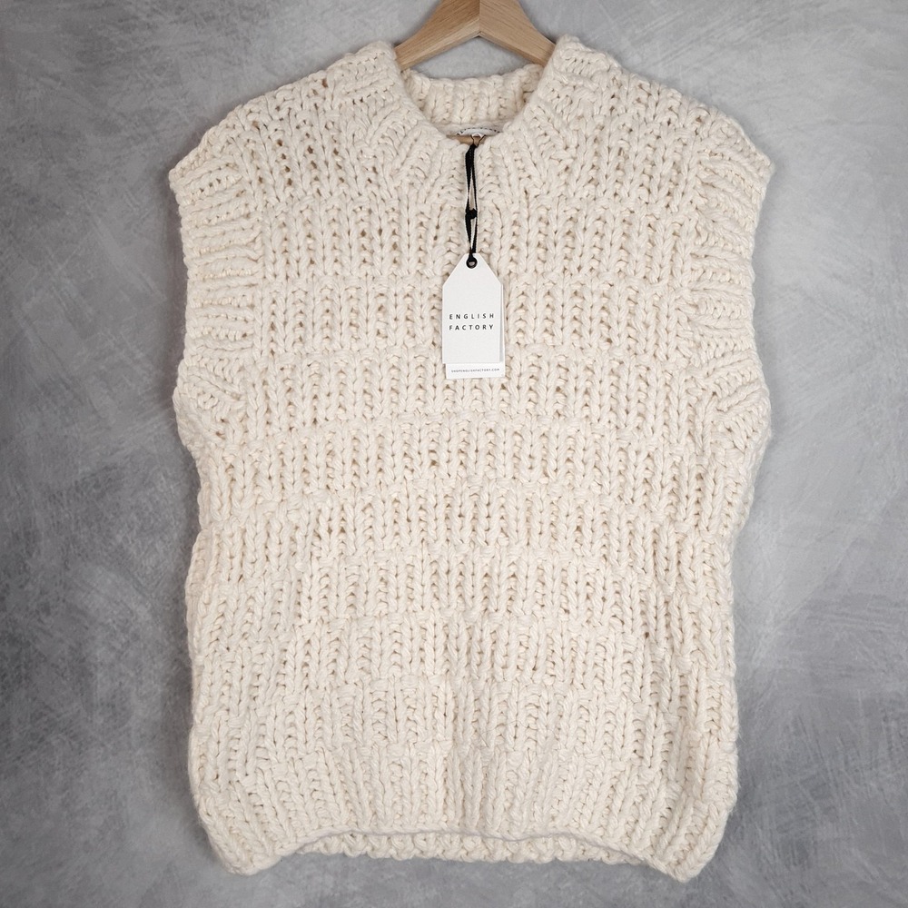 English Factory Sweater Vest Womens Medium Cream Chunky Knit Sleeveless Acrylic